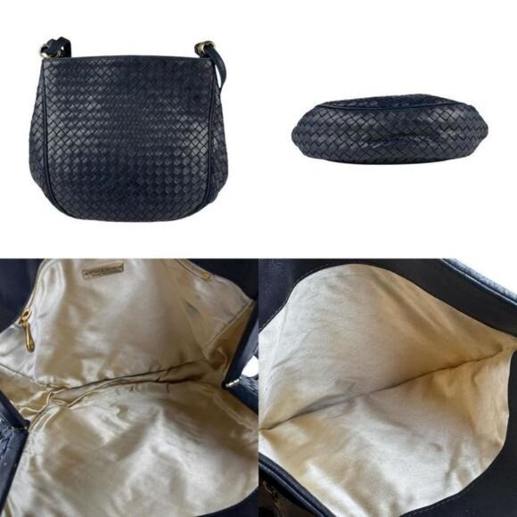 Authentic Bottega Veneta Intrecciato Nappa Shoulder Bag Purse Navy Black Leather - Picture 3 of 9